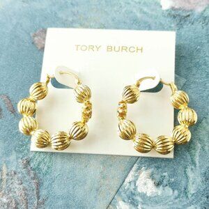 Tory Burch Roxanne Fluted Bead Gold Hoop Earrings
